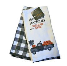 Halloween Haunted Hayride Dish Towels Set of 2 Farm Truck Pumpkin Buffalo Check - £19.26 GBP