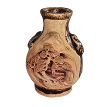 Vintage Banko Ware Carved Pottery Vase Brown Tree Landscape 3” Japan Art FLAW - £11.78 GBP