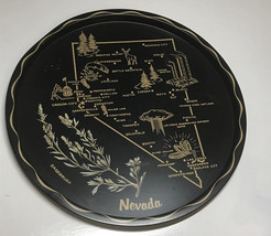 NEVADA Metal Tin Tray Souvenir Plate Vintage Black Gold Round State Flow... - £5.74 GBP