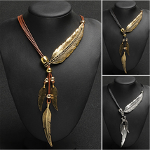 New Bohemian Style Rope Chain Leaf Feather Pendant Jewelry Statement Necklace - £7.89 GBP