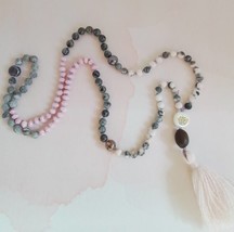 Pink Glass, Labradorite, Jasper Lotus Flower Japa Mala Prayer Beads 108 Beads - £35.14 GBP