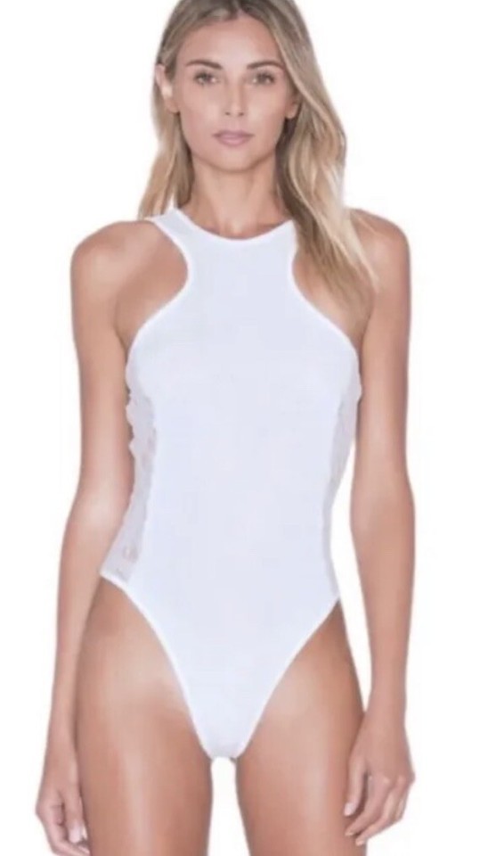 $98 Tularosa Bodysuit X Small 2 White Lace Panels Ribbed Crew Neck Gr8 G... - $32.67