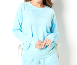 Peace Love World Crewneck Side Tie Pullover Top- Aqua Swirl, 1X - $25.74