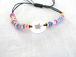 Sea Turtle Shell Pendant With Colorful Beaded Adjustable String Cord Bracelet - £3.15 GBP