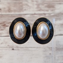 Vintage Clip On Earrings Large Statement Oval Black, Faux Pearl, Gold Tone - £13.36 GBP
