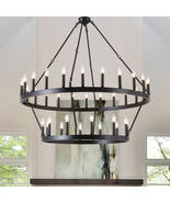 36-Light Two-Tier Wagon Wheel Chandelier-Black Industrial Candle Pendant... - $279.67
