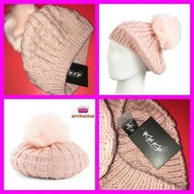 Women&#39;s Kyi Kyi Canada Chunky Knit Beret Pink Faux Fur Pom Knit Ski B EAN Ie Hat - $28.70