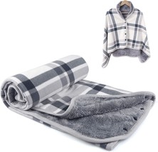 Forestfish Fleece Wearable Blanket, Plaid Lap Blanket Comfy Poncho Throw, White - $33.95