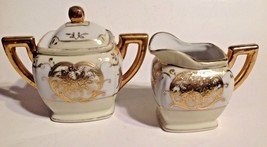 Japan Porcelain Creamer &amp; Sugar Bowl Set Gilt Gold Flower Pattern Vintage - £11.05 GBP