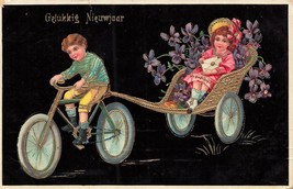 Gelukkig Nieuwjaar-Happy New Year-Bicycle pulling Trailer~1912 Gilt POSTCARD - £10.56 GBP