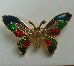 Vintage Gold-tone Blue, Green, Red Enamel Rhinestone Butterfly Brooch - £35.50 GBP