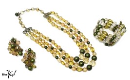 Vintage 1950s Karu Arke Signed Gold Bead Necklace Earrings Bracelet Set -Hey Viv - £27.17 GBP