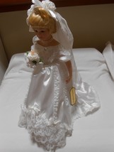 Porcelain Heather Lynn 15&quot; Bride doll w/ stand, train, veil,  jewelry, flowers, - £11.09 GBP