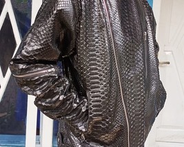 Men&#39;s Motorcycle Jacket Genuine Black Python Snakeskin Leather - $750.00+