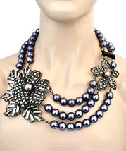 Deco Inspired Gray Faux Pearl Layered Necklace Gray Simulated Hematite Crystals - $51.30