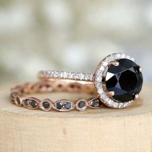 3Ct Black Diamond Vintage Bridal Set Halo Engagement Ring 14K Rose Gold Finish - £119.59 GBP