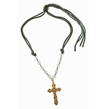 Brass Baroque Scroll Style Cross on Crystal and Black Leather Tie Necklace - £19.53 GBP