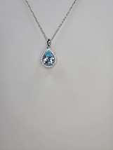 Pear Aquamarine CZ and White Round CZ Halo Pendant and Chain, Sterling - £22.60 GBP