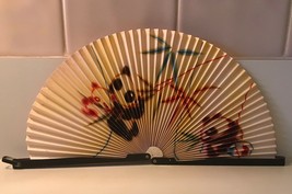 Vtg Chinese Paper Hand Fan PANDA Bamboo Metal Frame Clasp Pandas Gouache? Asian  - £22.73 GBP