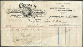 1898 CROWN Chemical CO Minneapolis MN Antique Letterhead Billhead Receip... - $7.99