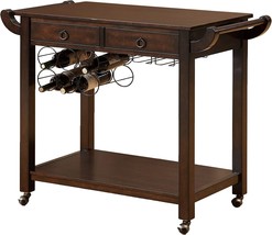 Furniture Of America Bettise Mobile 2-Drawer Kitchen Cart With Wine, Dark Walnut - £449.78 GBP