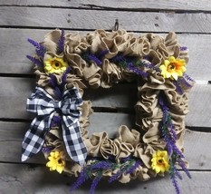 Charming Country Farmhouse Burlap Handmade Lavender Square Floral Wreath ~18&quot; - £60.10 GBP