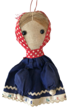 Antique Primitive Doll Hand Sewn Cloth Girl in Babushka Cord for Hanging 8&quot; - £50.12 GBP