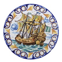 1935 Spanish Majolica Charger with Galleon Ship Vibrant colors - $218.30