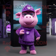 Purple Pig mascot costume character dressed with a Bodysuit and Berets - $1,269.00