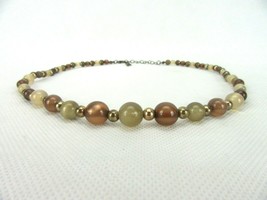 Vintage Costume Jewelry, Brown, Cream and Gold Moonglow Bead Necklace NK225 - £9.99 GBP