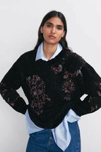 Zara Women Chenille Flower Embroidered Black Velvet Woollen Sweater Pullover M - £47.62 GBP