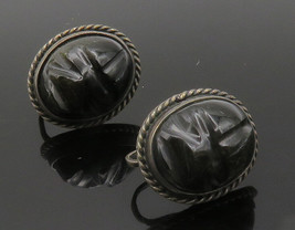 925 Sterling Silver - Vintage Face Carved Black Onyx Non Pierce Earrings- EG7531 - £32.65 GBP
