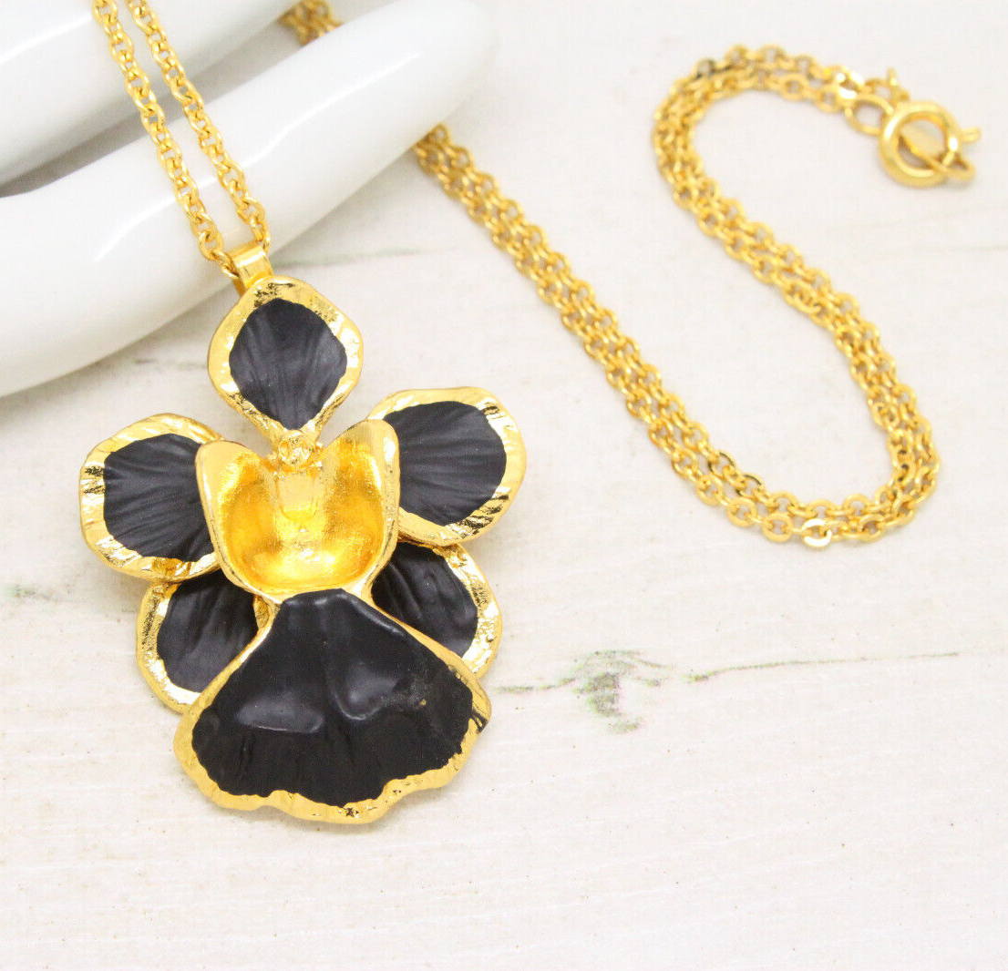 Primary image for Vintage Signed RISIS Orchid Brooch Pendant 24K Gold Plated Black Enamel Necklace