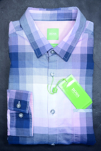 HUGO BOSS Hombre Bansi Corte Normal Azul/Rosa Cuadros Algodón Camisa Informal S - £45.84 GBP