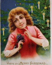 Victorian Christmas Postcard Women By Tree With Candles Vintage Original W8 - £10.25 GBP