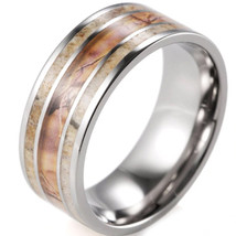 (New With Tag) White Titanium Pipe Cut Flat Ring With Deer Antler &amp; Camo - Price - £63.94 GBP