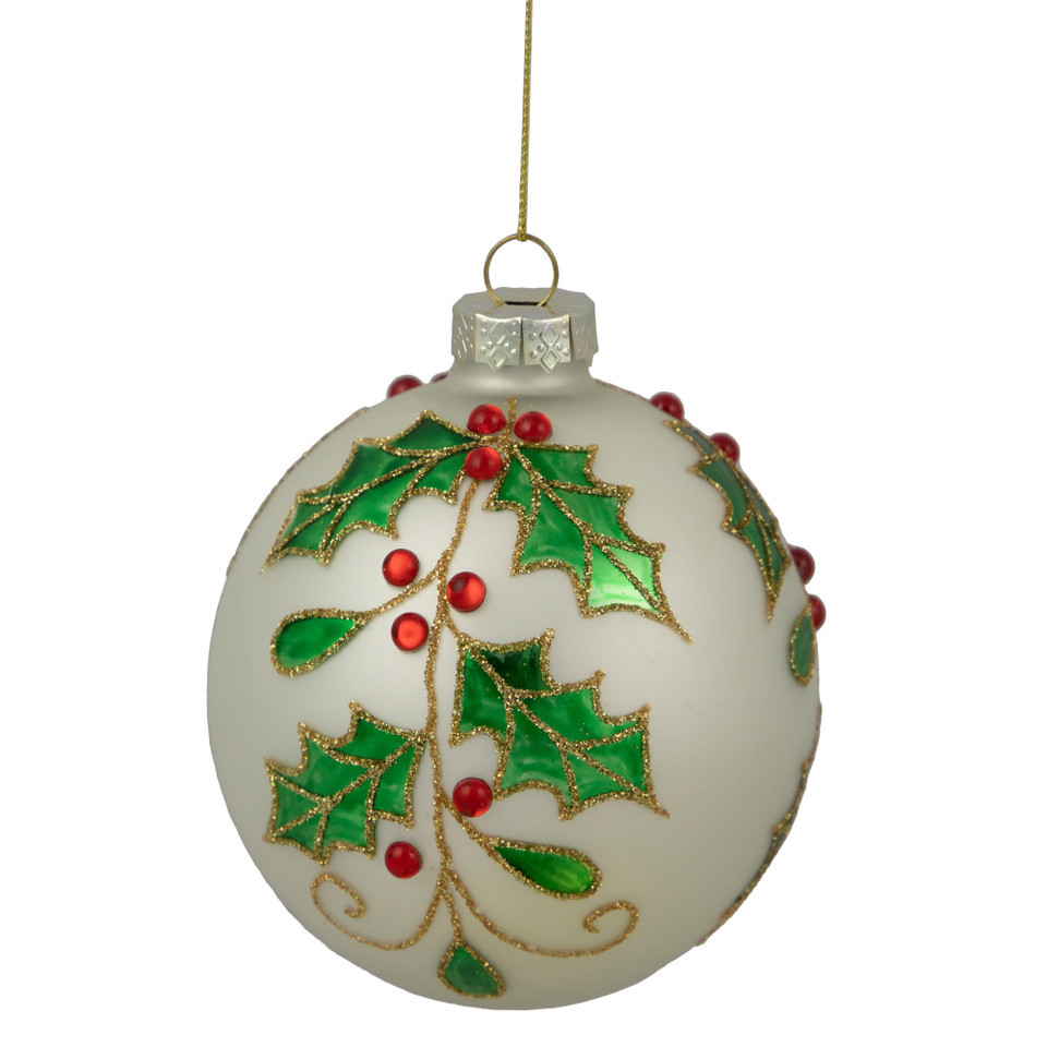New 4.5" White Glass Christmas Ball Ornament with Holly Leaves