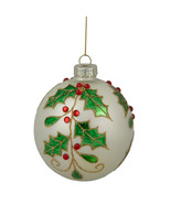 New 4.5&quot; White Glass Christmas Ball Ornament with Holly Leaves - $28.99