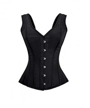 Black Satin Shoulder Strap Gothic Burlesque Halloween Costume Overbust Corset - £65.20 GBP