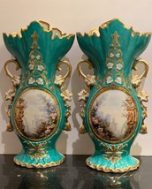 Pair of Antique Old Paris Green Ground Hand Painted Porcelain Vases - £700.36 GBP