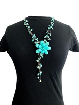 Faux Turquoise Necklace Braided Cord Beaded Tassel Style Flower Pendant 24&quot; Boho - £17.40 GBP