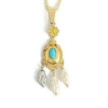 Vintage Oval Turquoise Baroque Pearl Pendant Necklace 14K Yellow Gold, 5... - £623.86 GBP