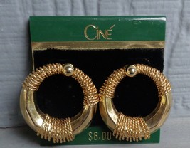 Vtg Cine Large Gold Tone Wire Wrapped Chunky Hoops Round Hollow Circle E... - £5.44 GBP
