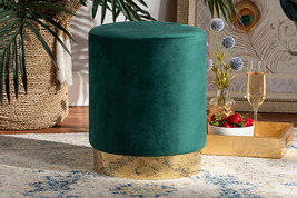 Raya Green Velvet Fabric Upholstered and Gold Finished Metal Ottoman - $605.87 MXN