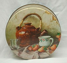 Vintage Round Tin Still Life Teapot Scene Box Storage Container Collectible - $10.88