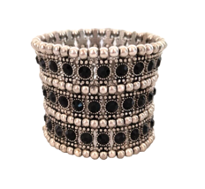 Women&#39;s Cuff Bracelet Stretch 7.5&quot; Silver Tone Round/ Black Onyx Faceted Beads - £11.14 GBP