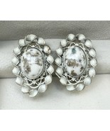 Vintage White Enamel Filigree Clip-On Earrings Faux White Buffalo Cabochons - $22.00