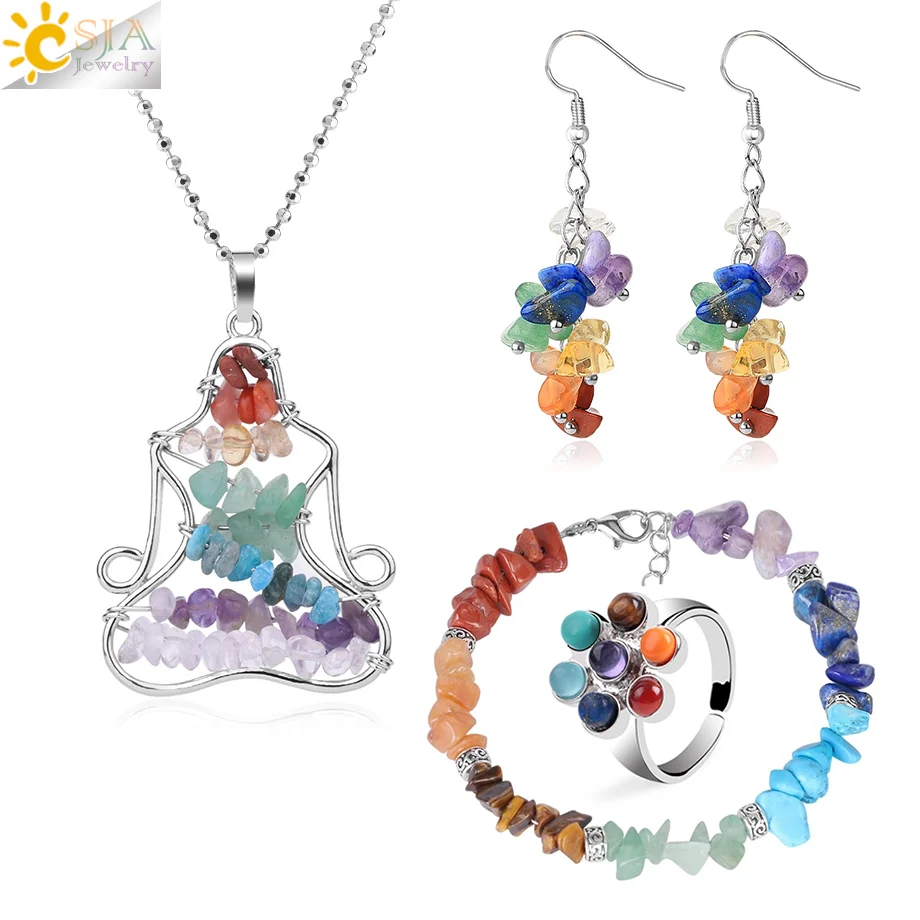 Natural Stone Jewelry Sets for Women Girl 7 Chakras Chip Bead Healing Bracelets  - £19.59 GBP