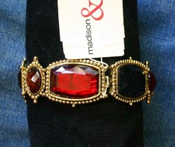 Madison &amp; Max Renaissance Style Red Acrylic Rhinestone Goldtone Stretch Bracelet - £9.16 GBP