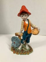 Farm Boy Feeding Turkey Hand Painted Mid Century Dry Brush Porcelain Tec... - $12.82